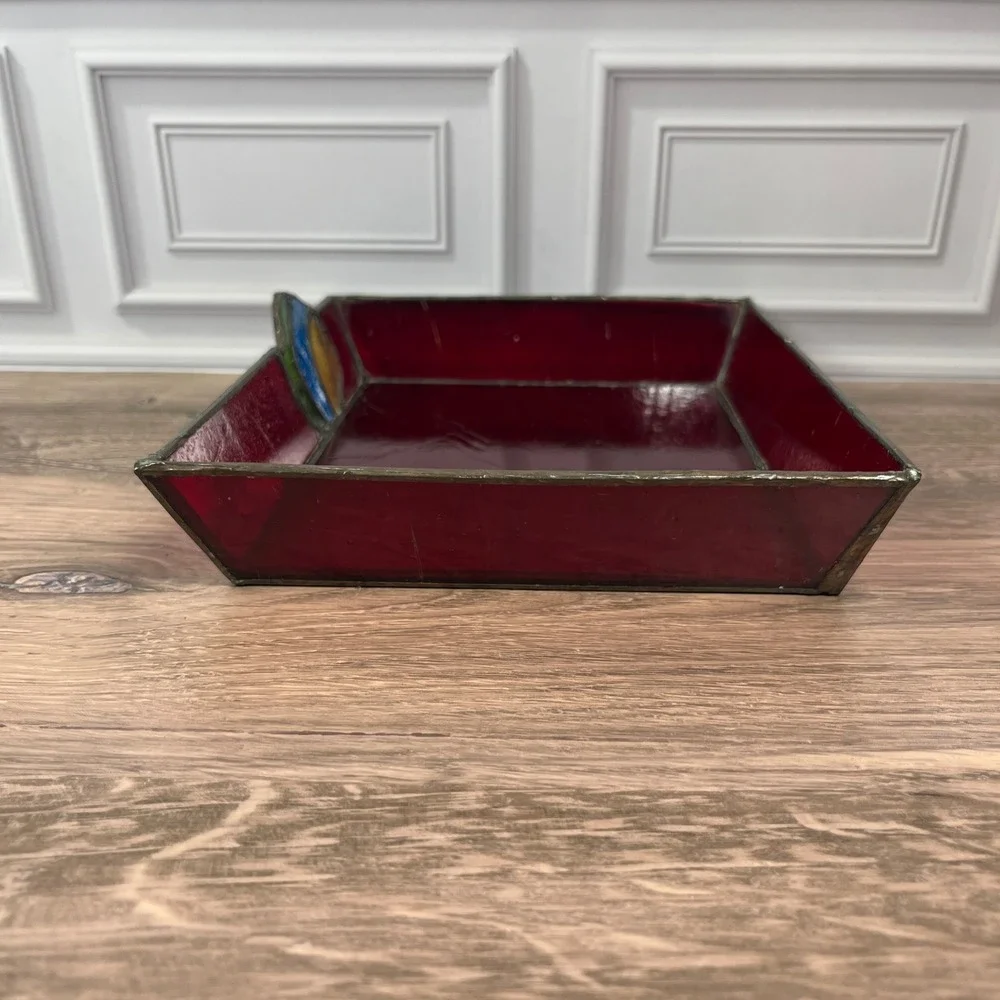 Stained Glass Vanity Catch Tray Red Art Deco Floral Catchall Dish